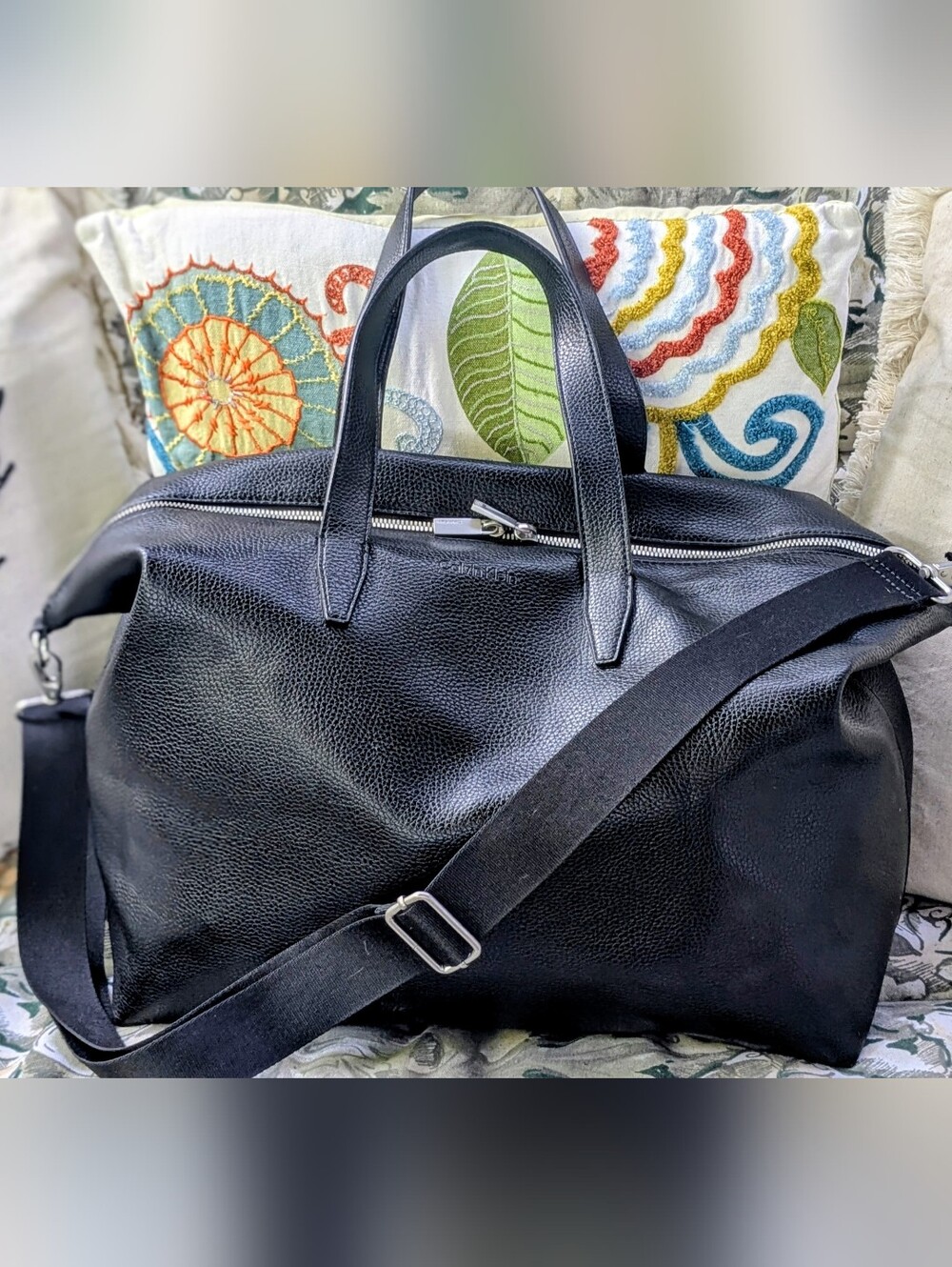 Calvin Klein black pebbled leather weekender duffel bag silver hardware